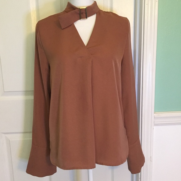 J.O.A. Blouse With Choker Collar Brown Small - Picture 2 of 5